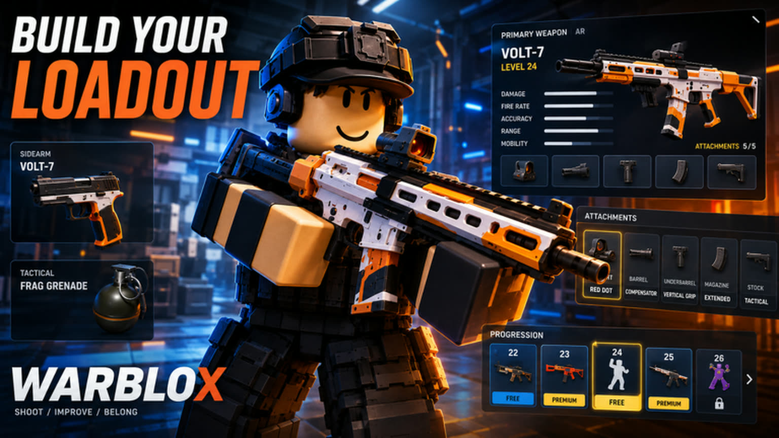 WarBlox loadout screen: primary weapon stats, five attachment slots and progression rewards