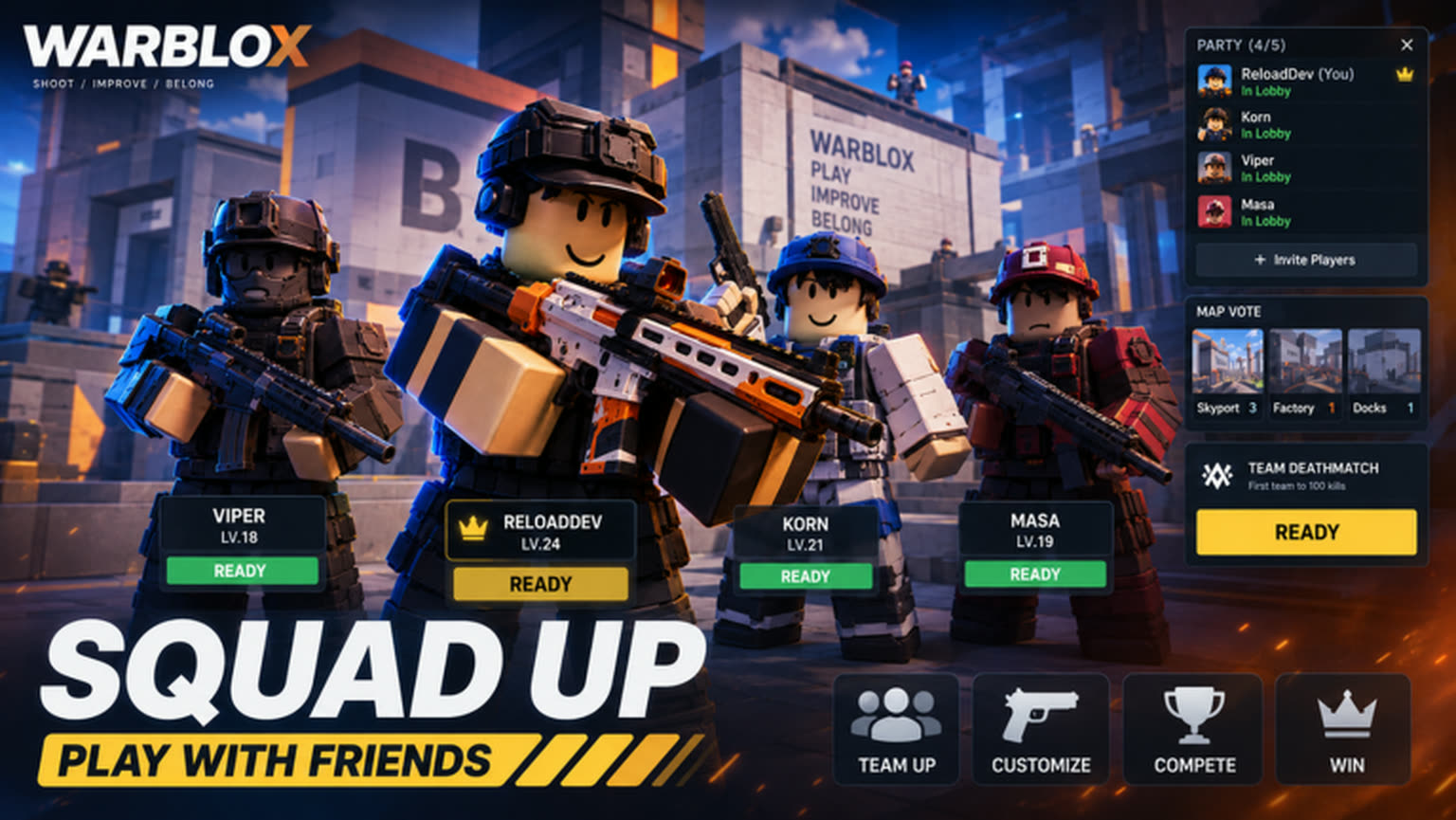 WarBlox lobby: a four-player party readies up and votes for the next map
